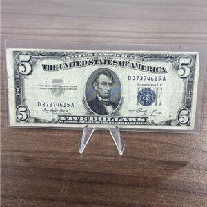 1953-A Silver Certificate $5 Dollar Bill Blue Seal Note Rare & Beautiful